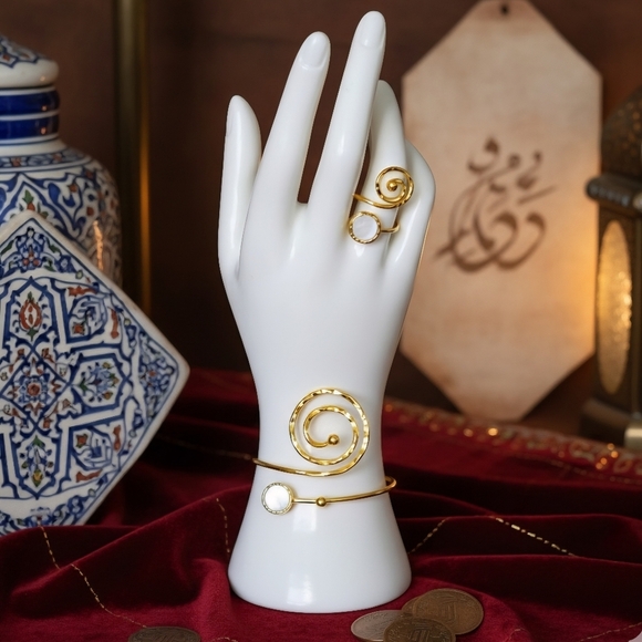 Turkish Artisanal 18K Gold Plated Spiral Ring Bracelet Set Boho Chic Luxe